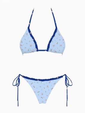 Light Blue Floral Triangle Bikini Set with Royal Blue Trim